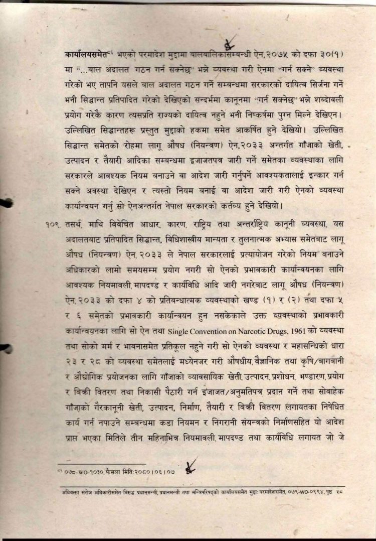 गाँजा खेतीलाई वैधानिकता दिन सर्वोच्चको परमादेश, तीन महिनाभित्र नियमावली बनाउन सरकारलाई निर्देशन